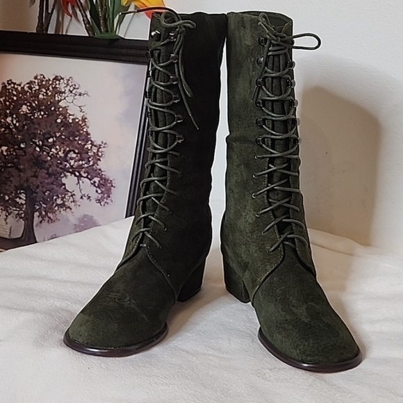 NEW Colin Stuart Victoria Secret Green Lace Up Moto Combat Boots Bohemian Army - Picture 1 of 14
